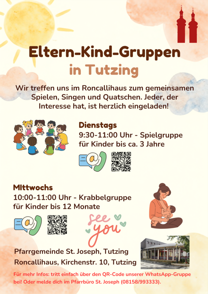 Eltern-Kind-Gruppe 1 2026 Werbung Eltern Kind Gruppe - Unsere Eltern-Kind-Gruppen bieten die Möglichkeit, junge Eltern in ihrem erlebnisreichen und verantwortungsvollen Lebensabschnitt mit kleinen Kindern zu begleiten. Hier könnt ihr andere Eltern kennenlernen und euch austauschen aber auch aktuelle Herausforderungen besprechen. Wir schauen gemeinsam auf Themen wir kindgerechte Ernährung, Trocken werden, Kitastart, Urlaub mit Kind, Krankheiten und ähnliches. Während dieser Zeit können die Kleinen erste Kontakte mit anderen Kindern knüpfen und machen erste Gruppenerfahrungen.